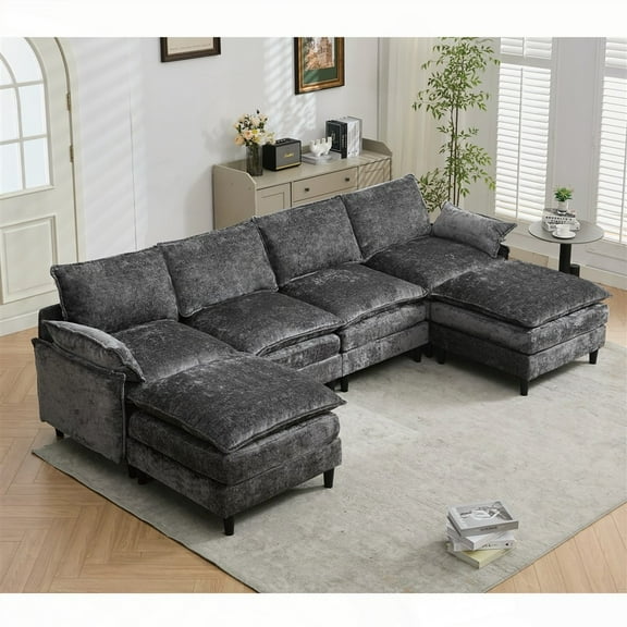 [Modern U-Shaped Cloud Couch Set: 6-Seater, Dark Gray Chenille, for Living Room]