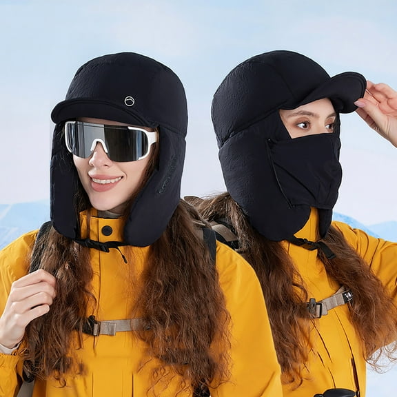 SYMOID Black Women and Men Winter Trapper Hat - Acrylic Windproof with Face Mask, Ear Muffs & Adjustable Strap for Outdoor Skiing Commute,Size Free Size