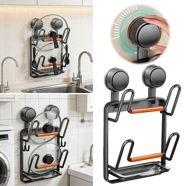 BotaniNest 3 Tier Lid Organizer With Suction Cup Mount Wall Mounted Kitchen Lid Rack With Drip Tray Space Saving Storage For Lids Pans & Plates (Black)