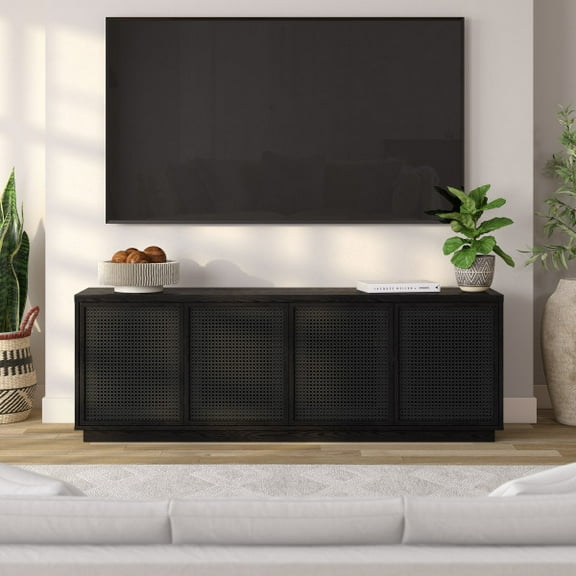 Pryce Rectangular TV Stand for TV's up to 78" in Black Grain/Black Rattan