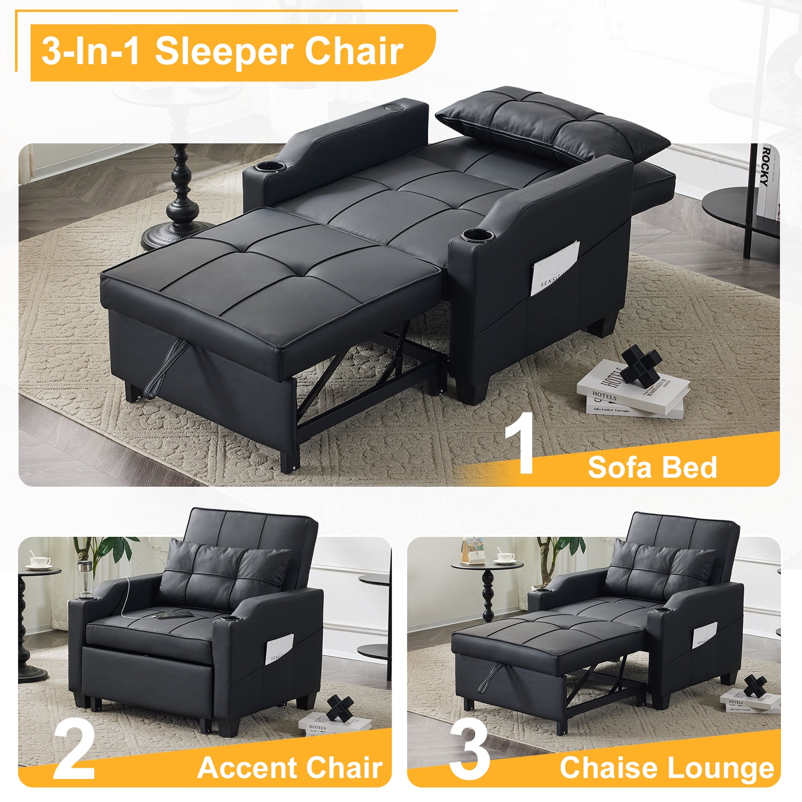 Ktaxon Sleeper Sofa Bed Convertible Chair Tech Fabric 3-in-1 Futon Sofa with Lumbar Pillow for Living Room Bedroom Office Apartment Furniture Black