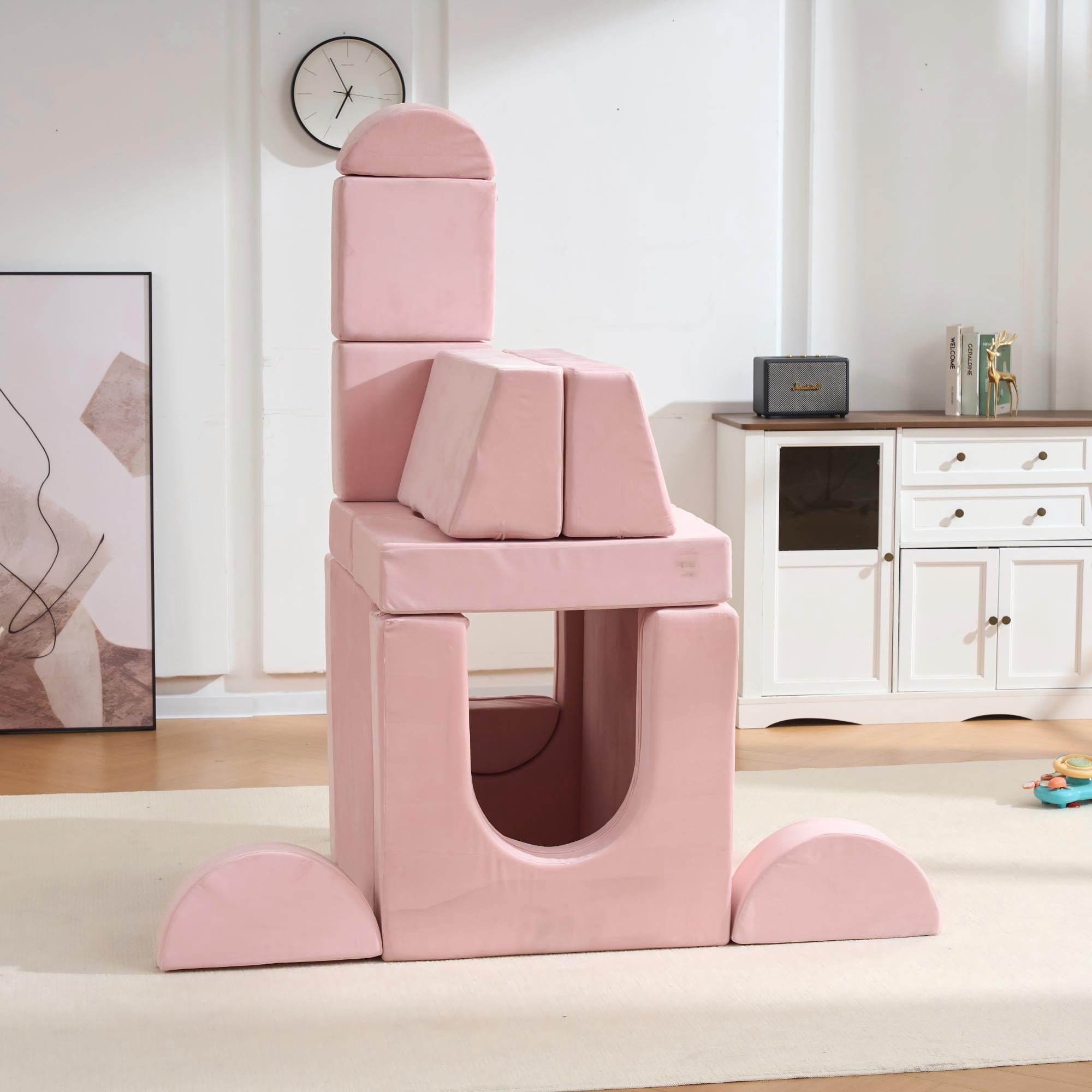 MAYEERTY 14PCS Modular Kids Play Couch, Convertible Foam Sectional Sofa, Washable Cover Toddler Building Blocks Playset for Playroom Bedroom, Pink