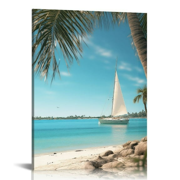 ONETECH Teal Canvas Wall Art Ocean Lighthouse Painting Palm Tree Surfboard Pictures Framed  Coastal Beach Theme Tropical Artwork for Bathroom Bedroom Living Room Home Office Wall Decor