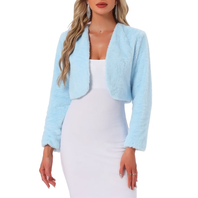 CHAQUETA CORTA DE FALSO PELO SIN CUELLO DE MANGA LARGA PARA MUJERES INSPIRADA EN CHIC TALLA L(14) AZUL CLARO