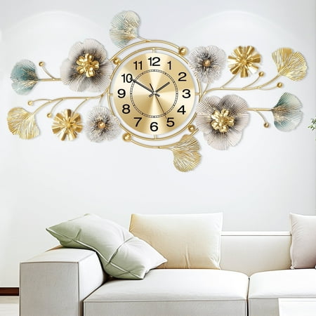Wall Clock,Large Wall Clock,Silent Wall Clocks Battery Operated, Metal Ginkgo Leaf Design, Can Be Suspended Vertically or Horizontally,for Living Room, Entryway, Office or Bedroom Decor(33''x14'')