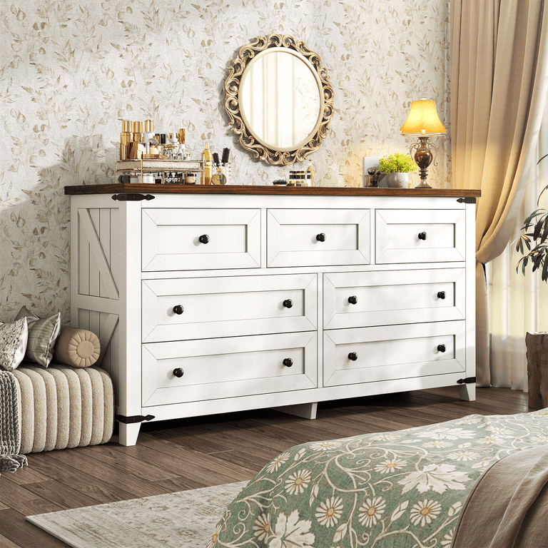 Romorgniz Farmhouse 7 Drawers Dresser for Bedroom with Smooth Metal Rails,Beige 51"Wide Wood Dresser with Deep Drawers,Chest of Drawers for Bedroom ... Romorgniz Farmhouse 7 Drawers Dresser for Bedroom with Smooth Metal Rails,Beige 51"Wide Wood Dresser with Deep Drawers,Chest of Drawers for Bedroom ...