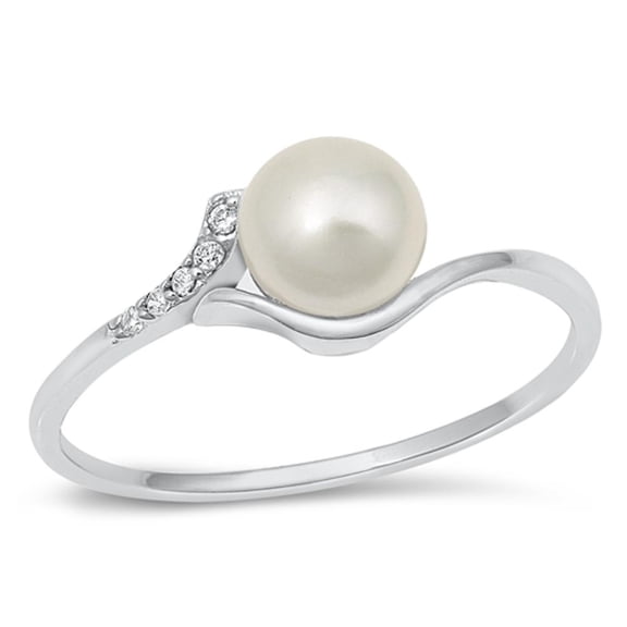 White Cubic Zirconia Simulated Pearl Ring .925 Sterling Silver Band Jewelry Female Male Size 8