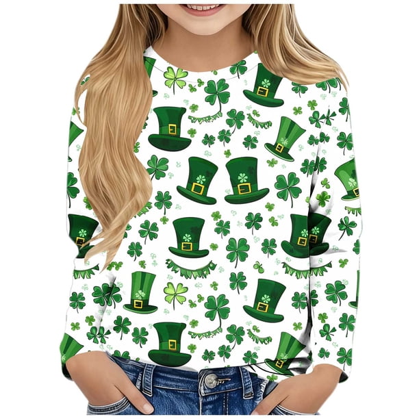 Blusas y camisas de manga larga con cuello redondo y estampado de San Patricio para niños, blusa informal de manga larga con cuello redondo, blusa de poliéster para niñas