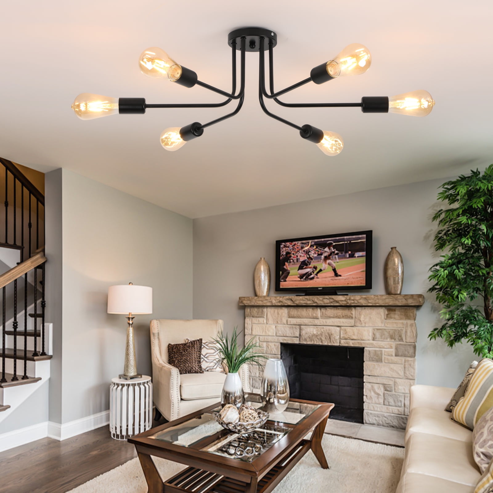 HALIGATE 6 Lights Sputnik Semi Flush Mount Ceiling Light Matte Black Modern Edison Chandelier Industrial Close to Ceiling Light for Farmhouse Dining Room Kitchen Bedroom Living Room Study