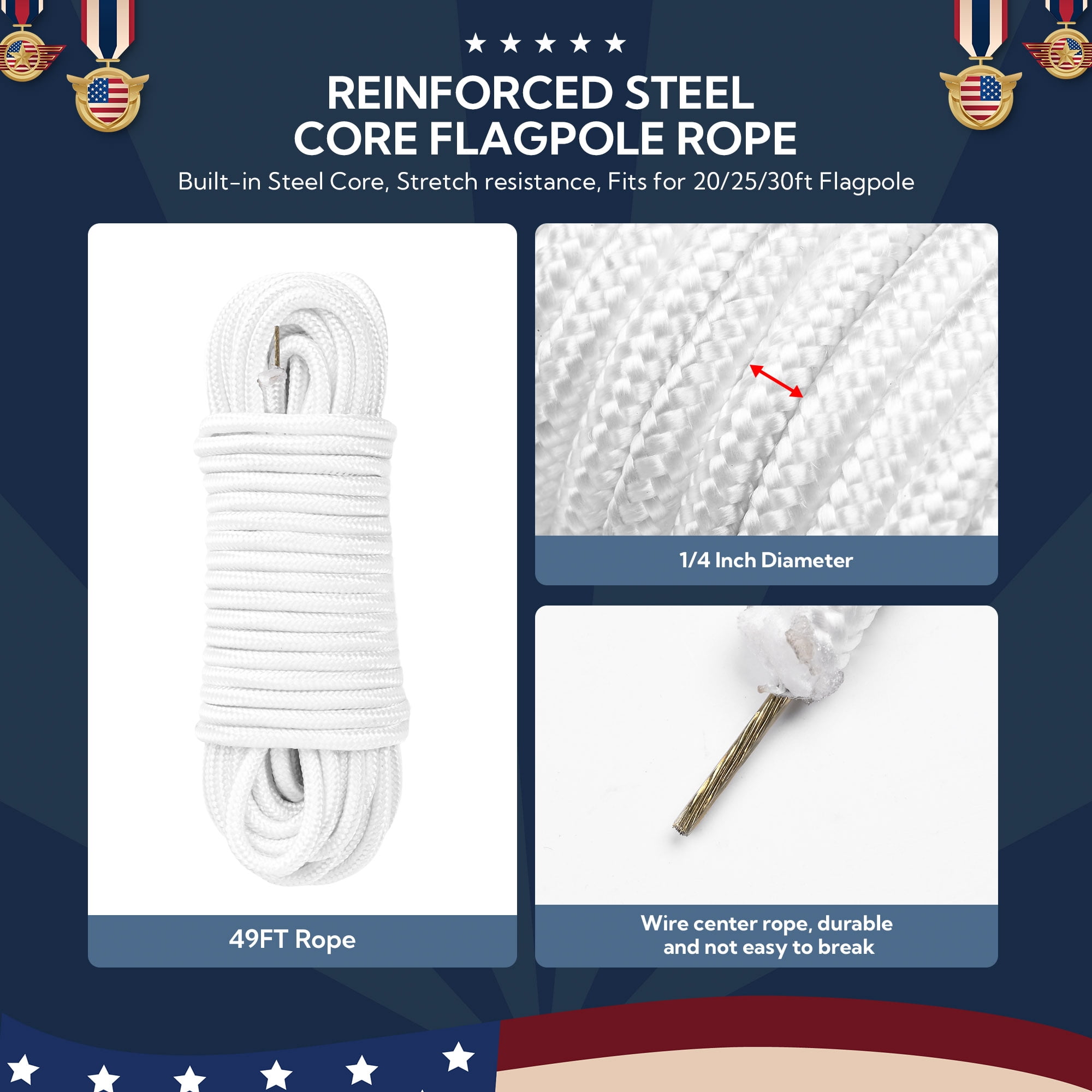 Yescom ALL Aluminum Flag Pole Hardware Repair Kit 50FT Wire Core Halyard Rope Gold Ball Topper for 20/25/30 FT Sectional Pole with 1 13/16" Dia.