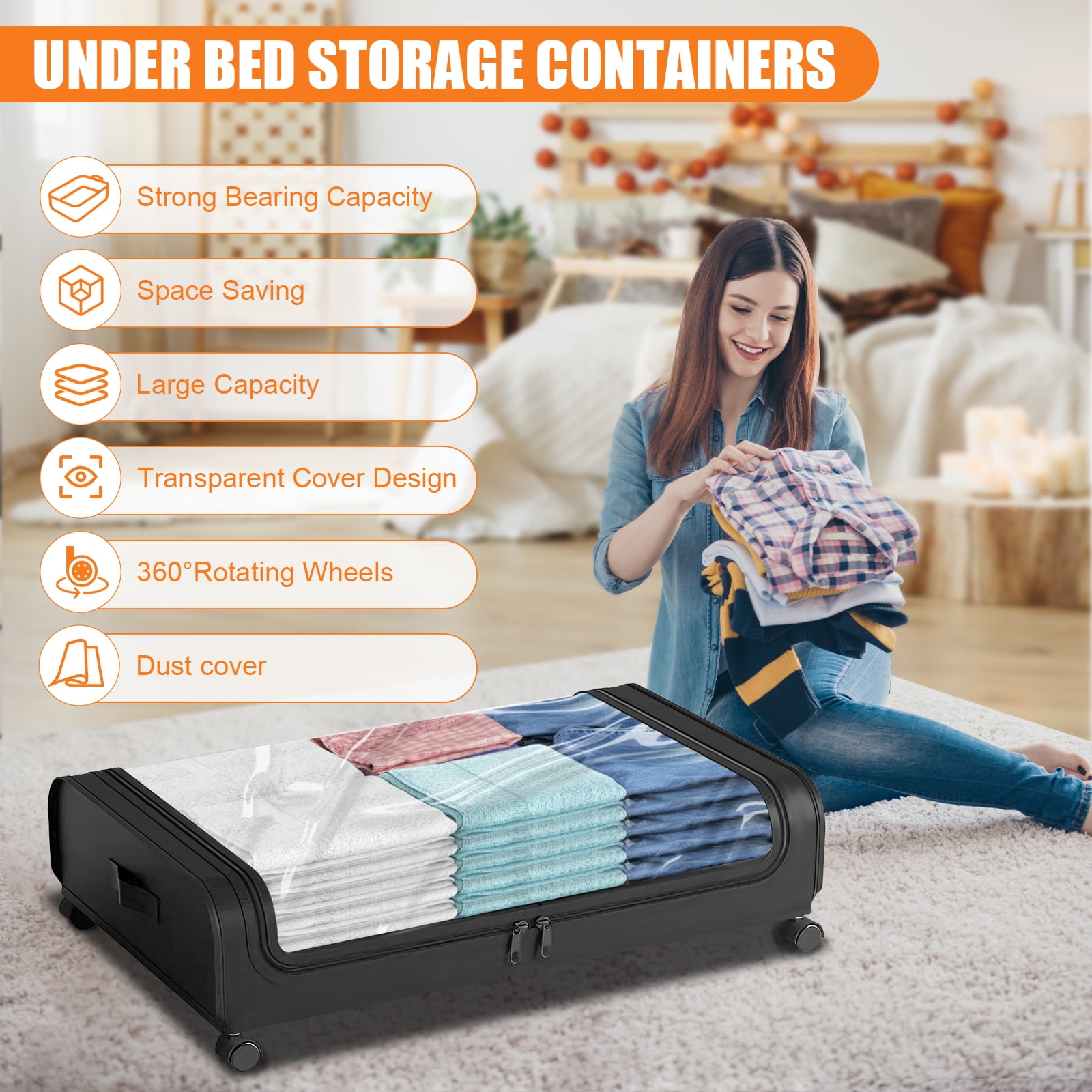 Under Bed Storage with Wheels, 2-Pack Large Capacity Under Bed Storage Containers with Clear Lid, Roller Underbed Organizer Drawer for Clothes, Shoes, Toys, Bedding, Closet