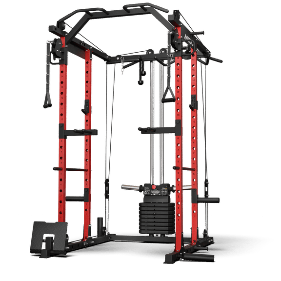 Mikolo Power Rack Cage, Weight Stack Power Cage with Cable Crossover Machine, Multi-Function Squat Rack with Dip Bars and Landmine for Home Gym Red