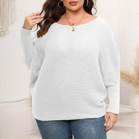 Babysbule Plus Size Womens Sweaters Women Large Solid Round Neck Sweater Off Shoulder Loose Fashion Knit Women's Fashion