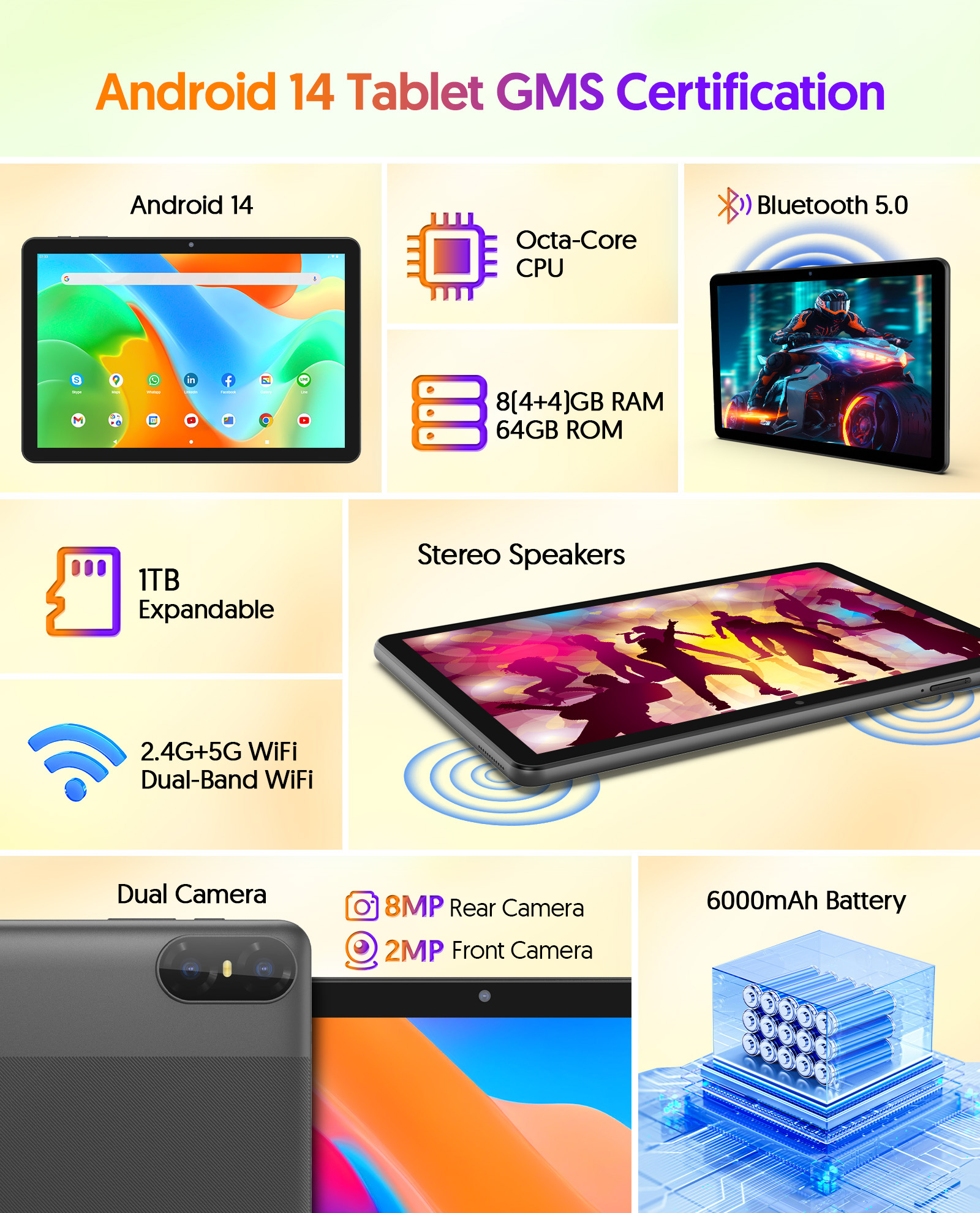 Android 14 Tablet, 10.1 Inch Android Tablet with Octa-core Processor,8GB+64GB Storage 1TB Expansion,6000mAh Battery,5G WiFi6,2+8MP Dual Camera 2 in 1 Tablets Kit with Keyboard, Mouse,Pen,Case,Gray