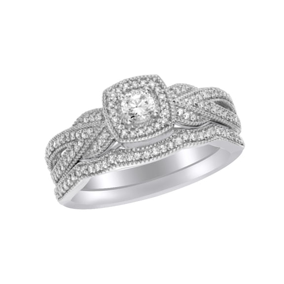 AFFY White Natural Diamond Vintage-Style Bridal Ring Set In 10k White Gold (0.3 Cttw)