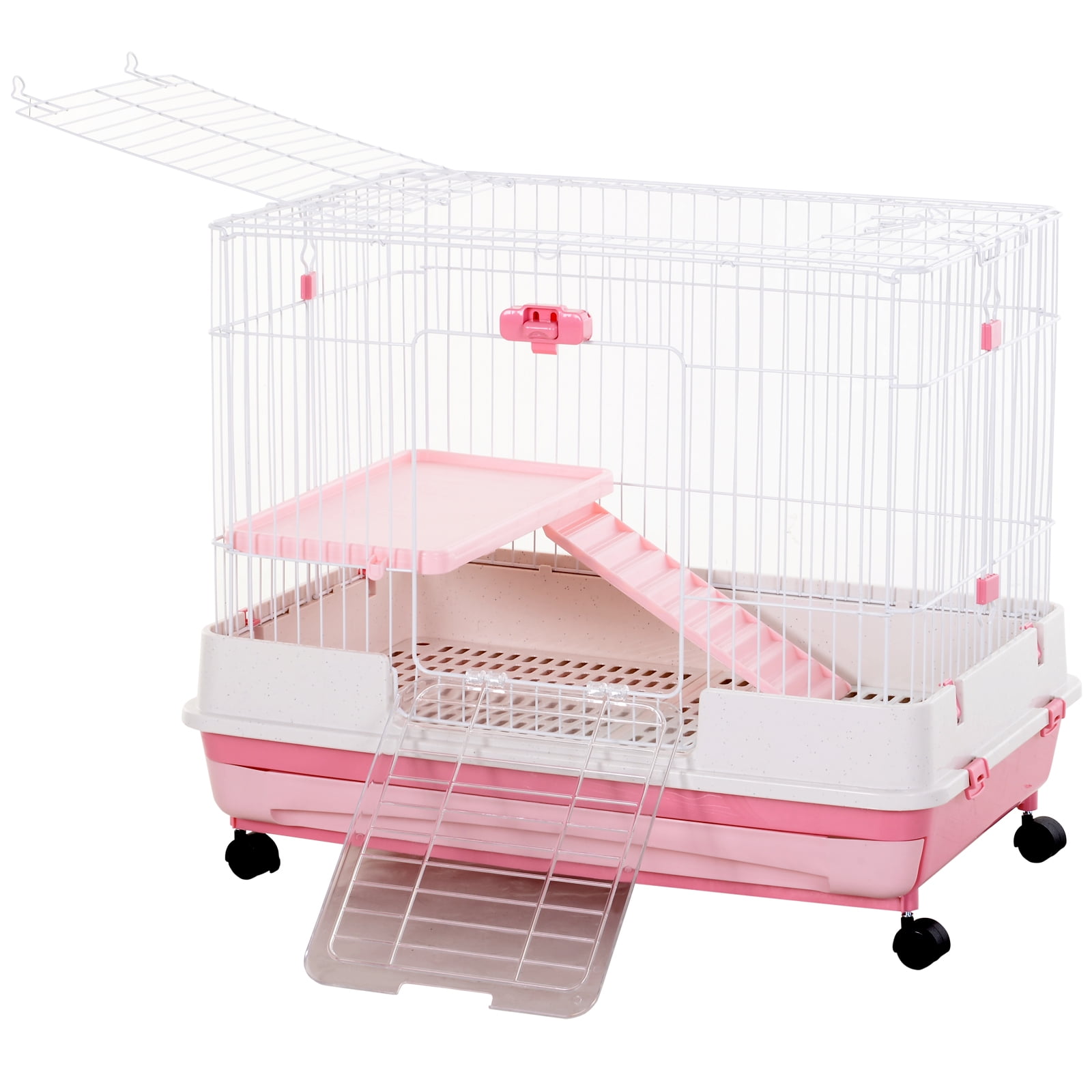 Pawhut 32”L 2Level Indoor Small Animal Rabbit Cage with Wheels Pink