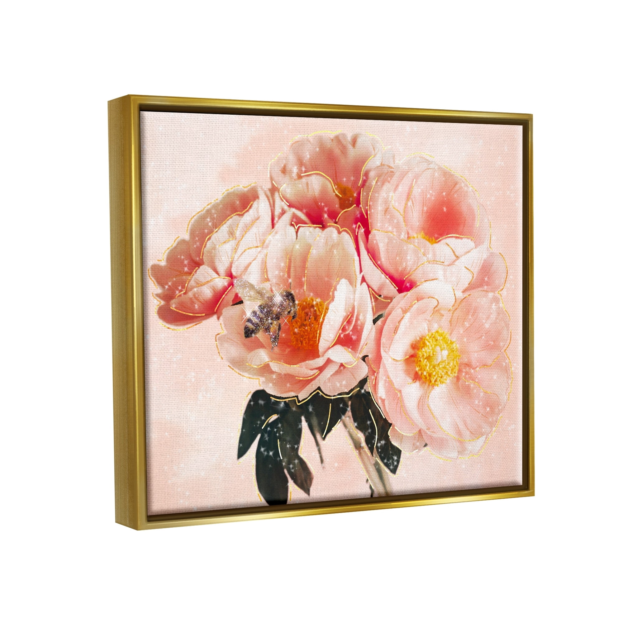 Stupell Industries Shimmering Bumble Bee Trendy Pink Glam Flowers Graphic Art Metallic Gold Floating Framed Canvas Print Wall Art, Design by Ziwei Li