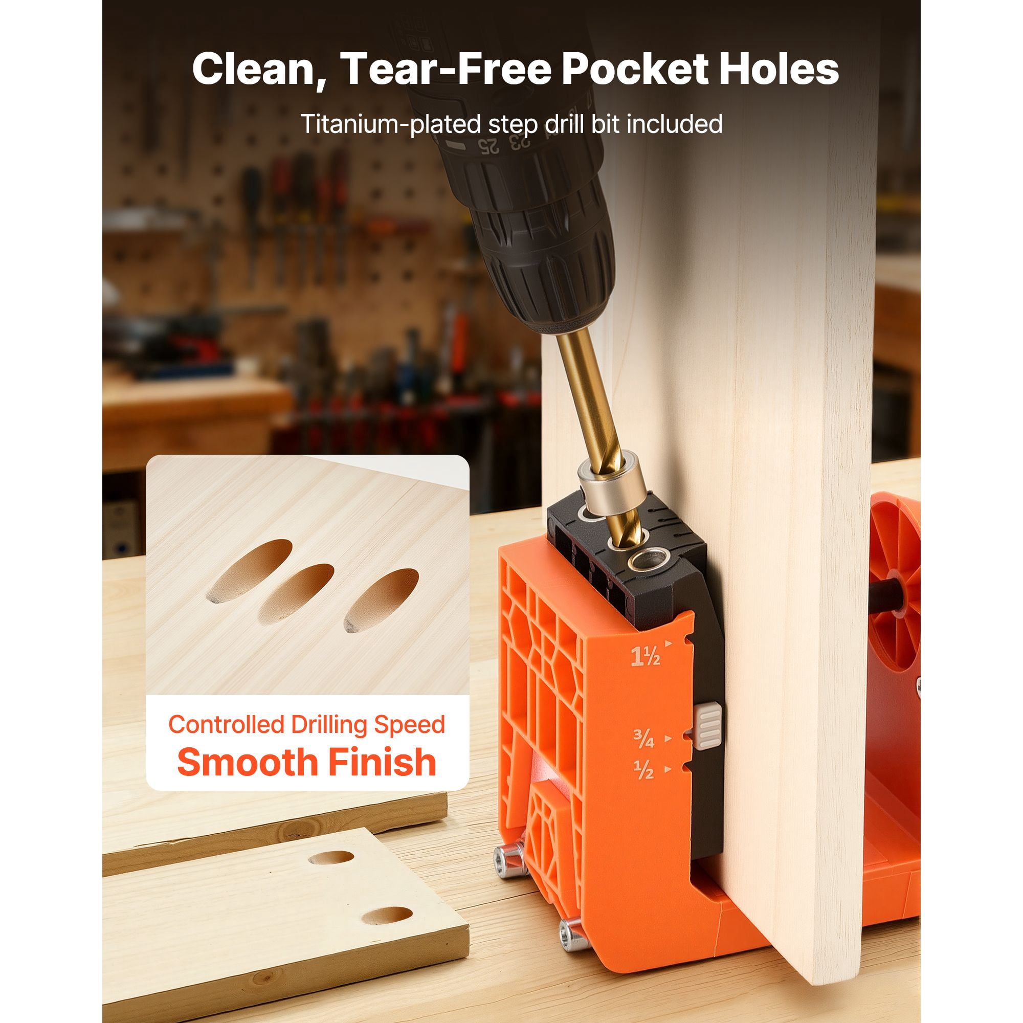 Pocket Hole Jig Kit, 1/2", 3/4", 1-1/2" Adjustable, 360 °   Rotating Handle, Jig Pocket Hole System with 260 Screws, C-Clamp, Stop Collar, Drill Bit, Easy Clamping and Adjusting, for Woodworking