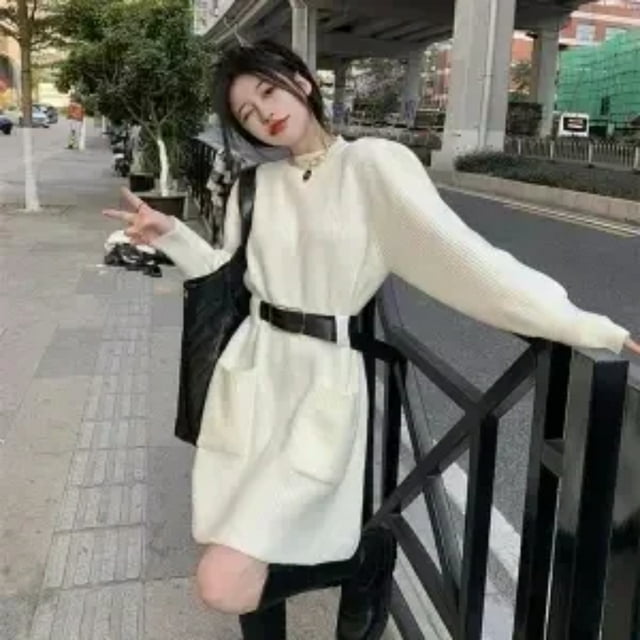 LNGOOR QWEEK Automne Hiver Robe Chandail Tricotée Femmes Vintage Tricot Manches Longues Mini Courte Robes avec Ceinture