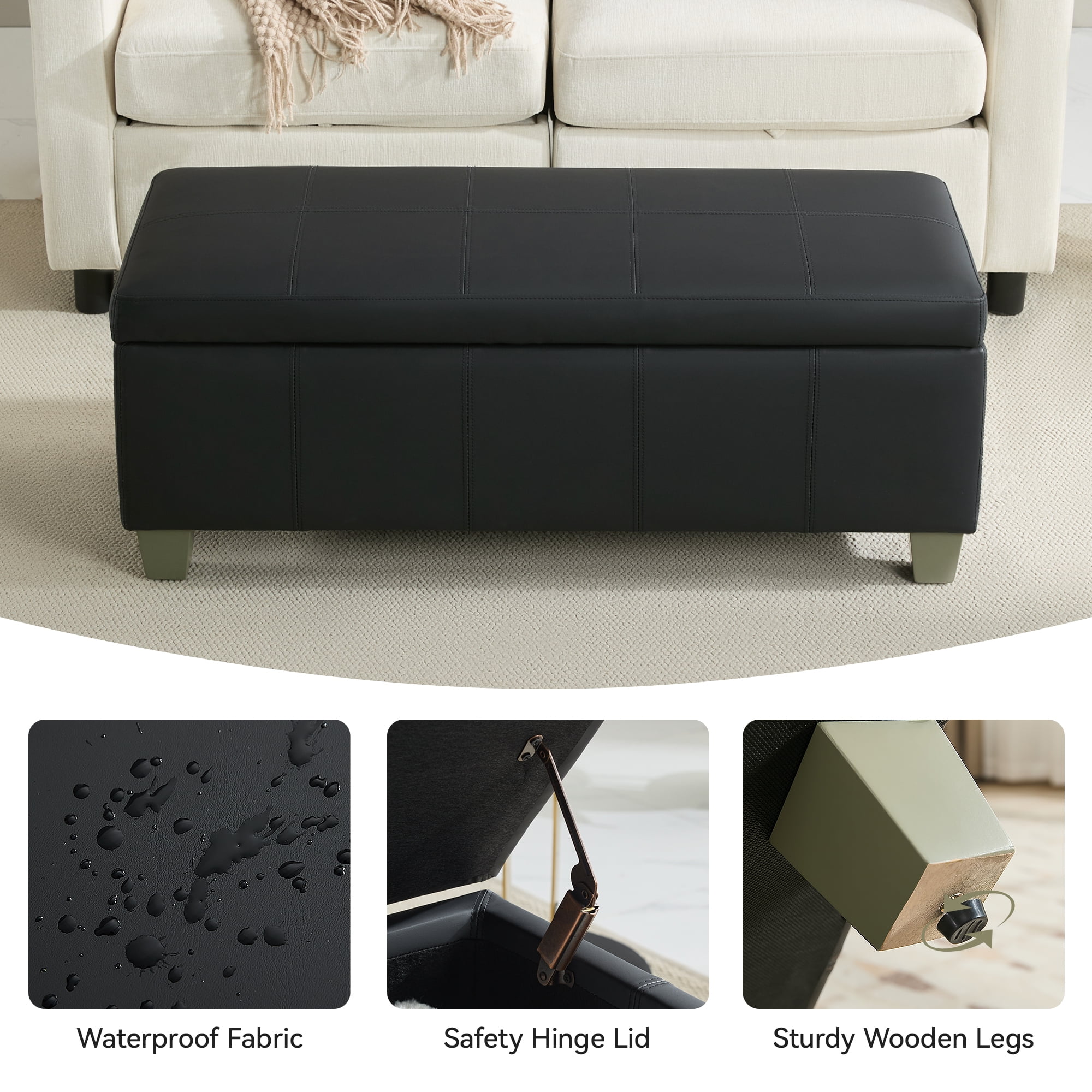 41'' Faux Leather Storage Ottoman Bench, Rectangle Upholstered Storage Bench with Wooden Legs, Stitch Tufted Bench with Storage for Bedroom, Living Room, Entryway, Dark Black