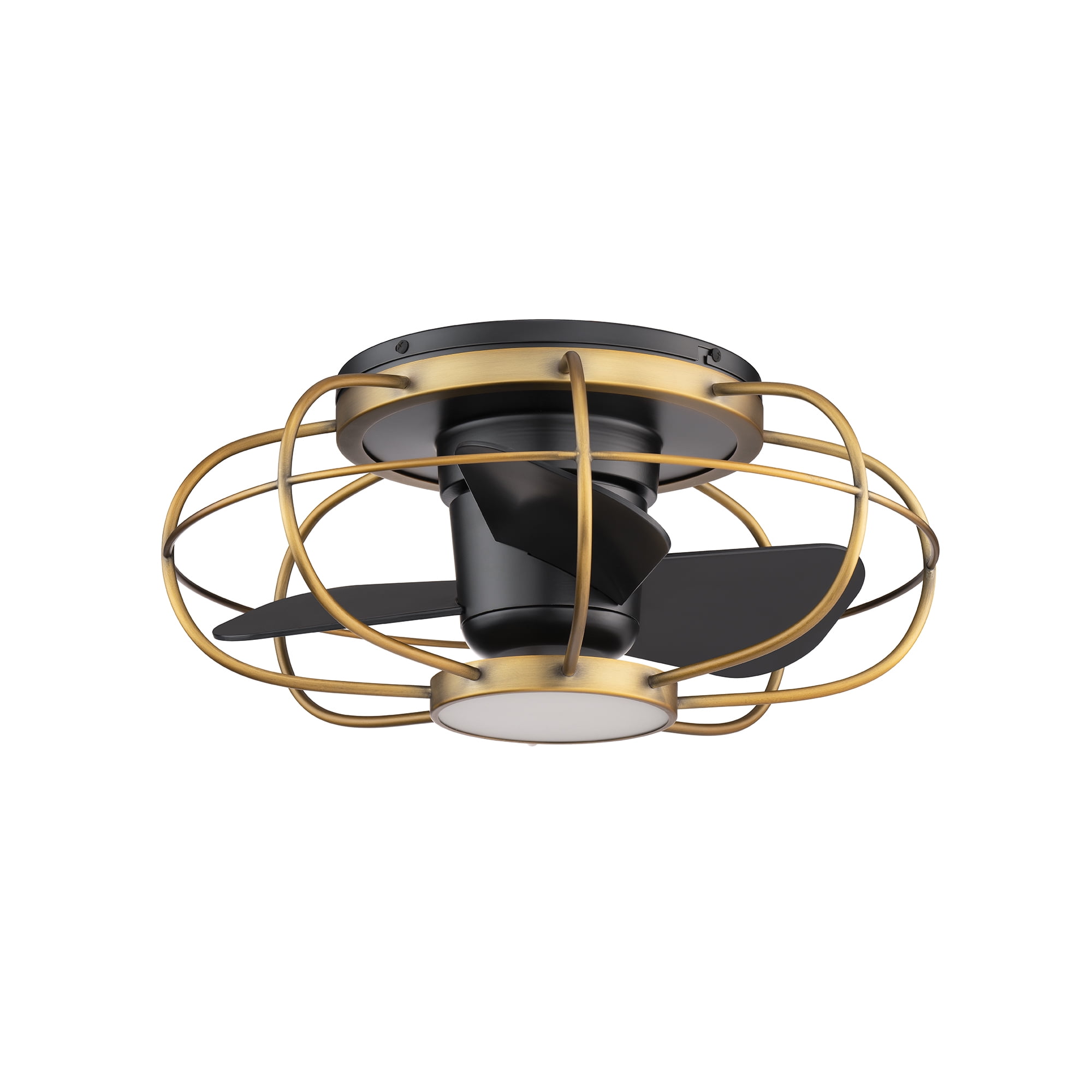 Aella Indoor and Outdoor 3-Blade Smart Caged Ceiling Fan 22in Aged Brass Matte Black with 3000K LED Light Kit and Remote Control