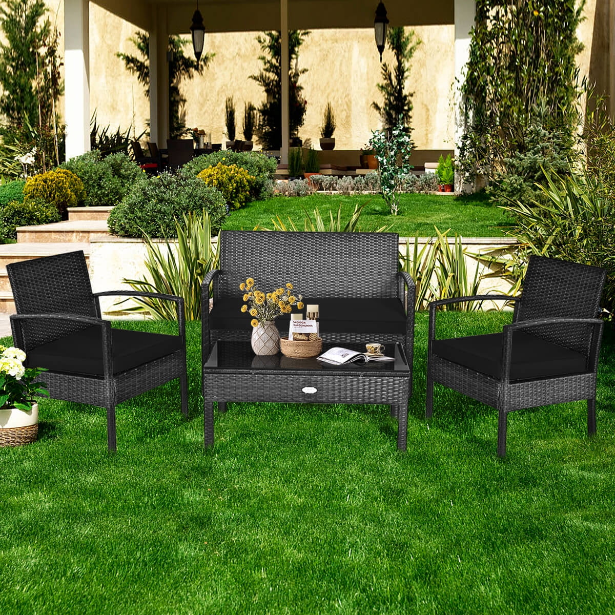 Costway 4 PCS Outdoor Patio Rattan Furniture Set Cushioned Sofa Coffee Table Garden Deck