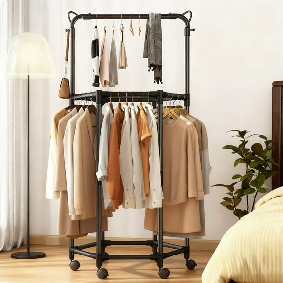 Clothes Rack with Wheels, Double Layer Hexagonal Rolling Clothing Rack, Floor-Standing Garment Storage for Bedroom, Laundry, Balcony (67" H), Black