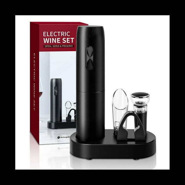 Electric Wine Opener Set with Charging Base Automatic Corkscrew with Aerator Pourer and Foil Cutter for Kitchen Party,Black