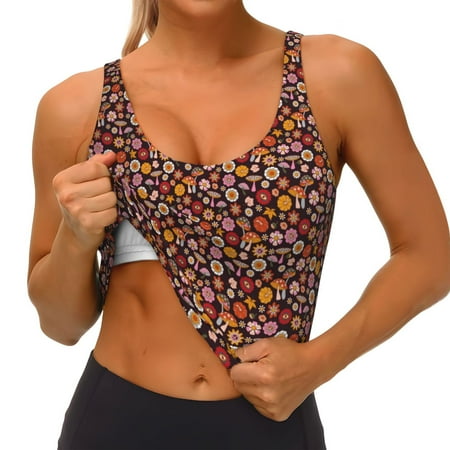 Qokaie 70s Groovy Hippie Retro Pattern Womens Scoop Neck Sports Bra Breathable Workout Vest Padded U Back Medium Impact Fitness Gym Yoga Bra Workout Crop Top