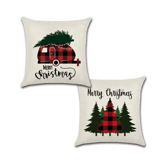 Set Of 2 Pillow Covers 18X18, Christmas Tree Red Plaids Design Linen Fabric