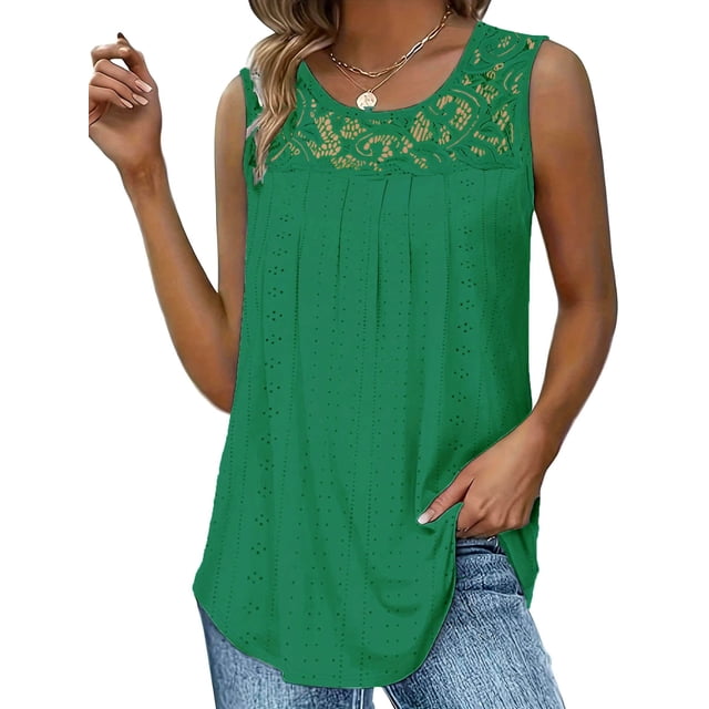 Camisa Plisada de Encaje Sin Mangas, Blusa de Verano, Túnica Verde Oscuro XXXL