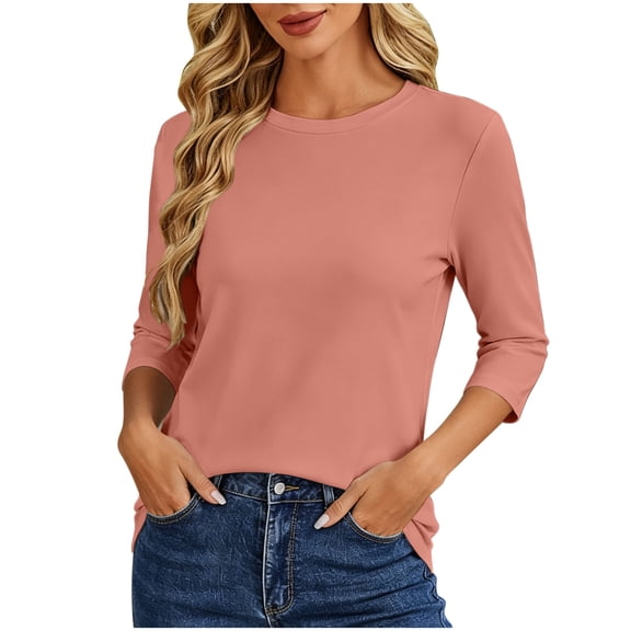 Oksale 3/4 Sleeve Shrits for Women Casual Crewneck Sweatshirts Cozy Loose Classic Solid Color Pullover Basic Tshirts Fall Clothes 2026 Pink M