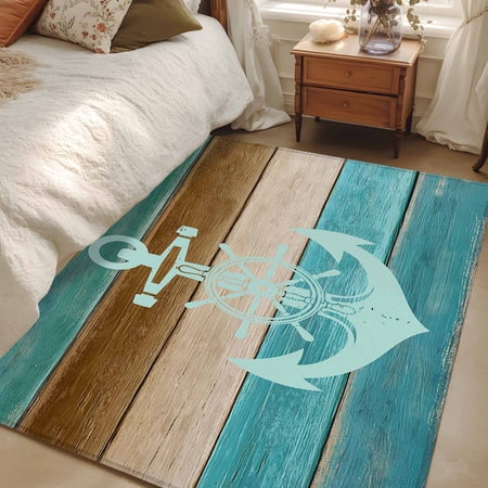 Area Rug 48&times;72in Nautical Marine Turquoise Anchor Floor Carpet Living Room Rug Vintage Farmhouse Plank Non-Slip Welcome Mat Indoor Rugs for Bedroom Dining Room