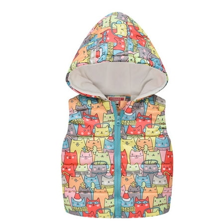 

EHTMSAK Children Boy Girl s Thicken Zip Up Puffer Jacket Toddler Baby Sleeveless Cartoon Print Padded Vest Hooded Fall Winter Outerwear Multicolor 1Y-6Y 120