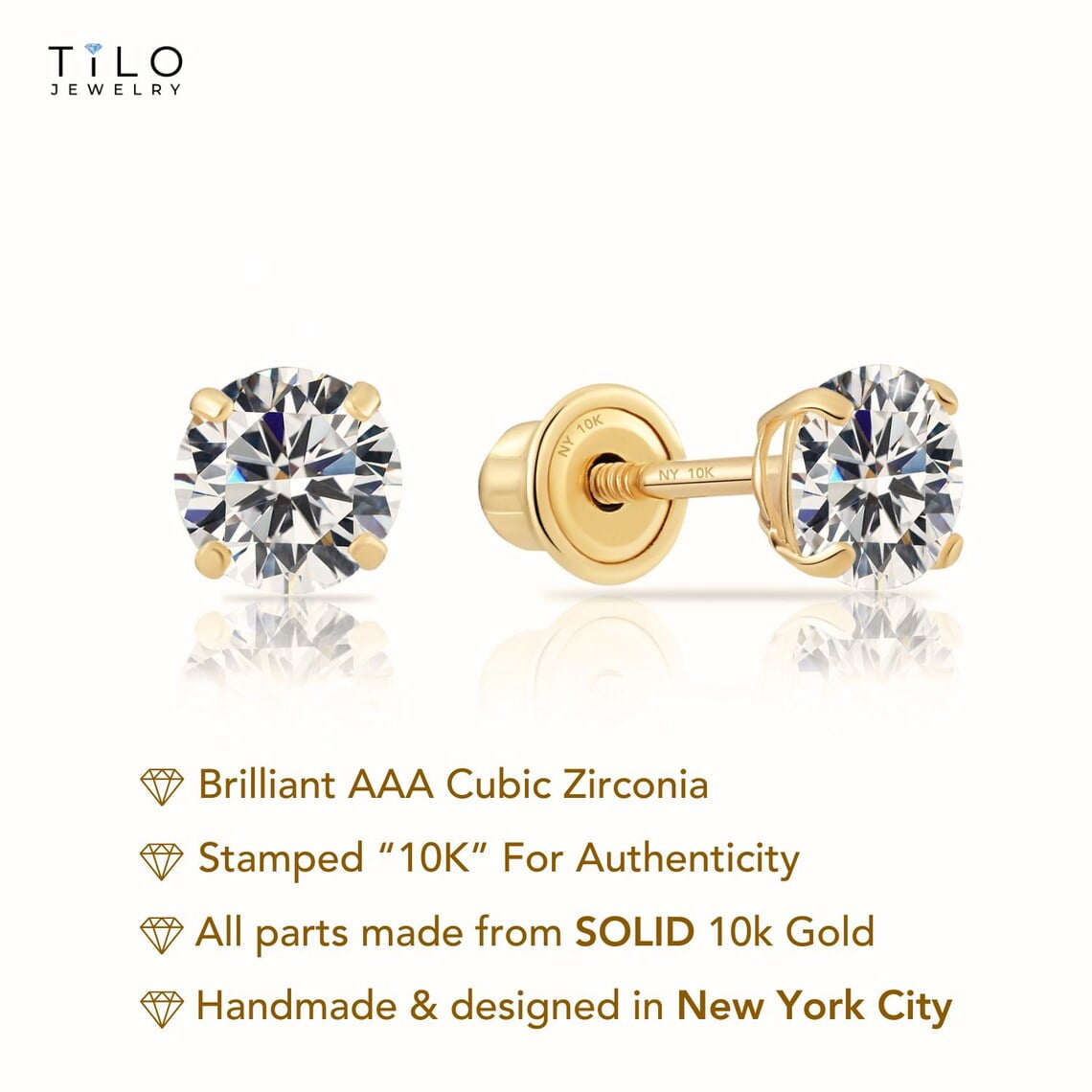 Tilo Jewelry 10K Yellow Gold Solitaire Round CZ Stud Post Earrings with Secure Screw-backs | 5mm | Classic Everyday Earrings | Women, Men, Unisex