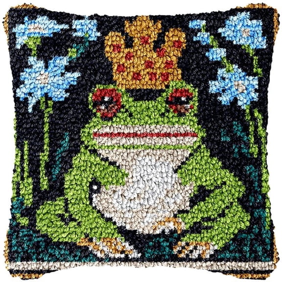 Frog Crown Latch Hook Pillow Cover Kits for DIY Handmade Throw Pillow Cross Stitch Latch Hook Pillowcase Rug Kits with Preprinted Color Pattern Canvas Crochet Yarn Kits 17''X 17''(bs59)