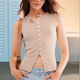 thumbnail image 4 of Camiseta Sin Mangas de Verano para Mujer, de Punto, con Cuello Redondo, Botones Delanteros y Canalé, Ajustada, Sin Mangas, Color Caqui, Talla M, 4 of 7