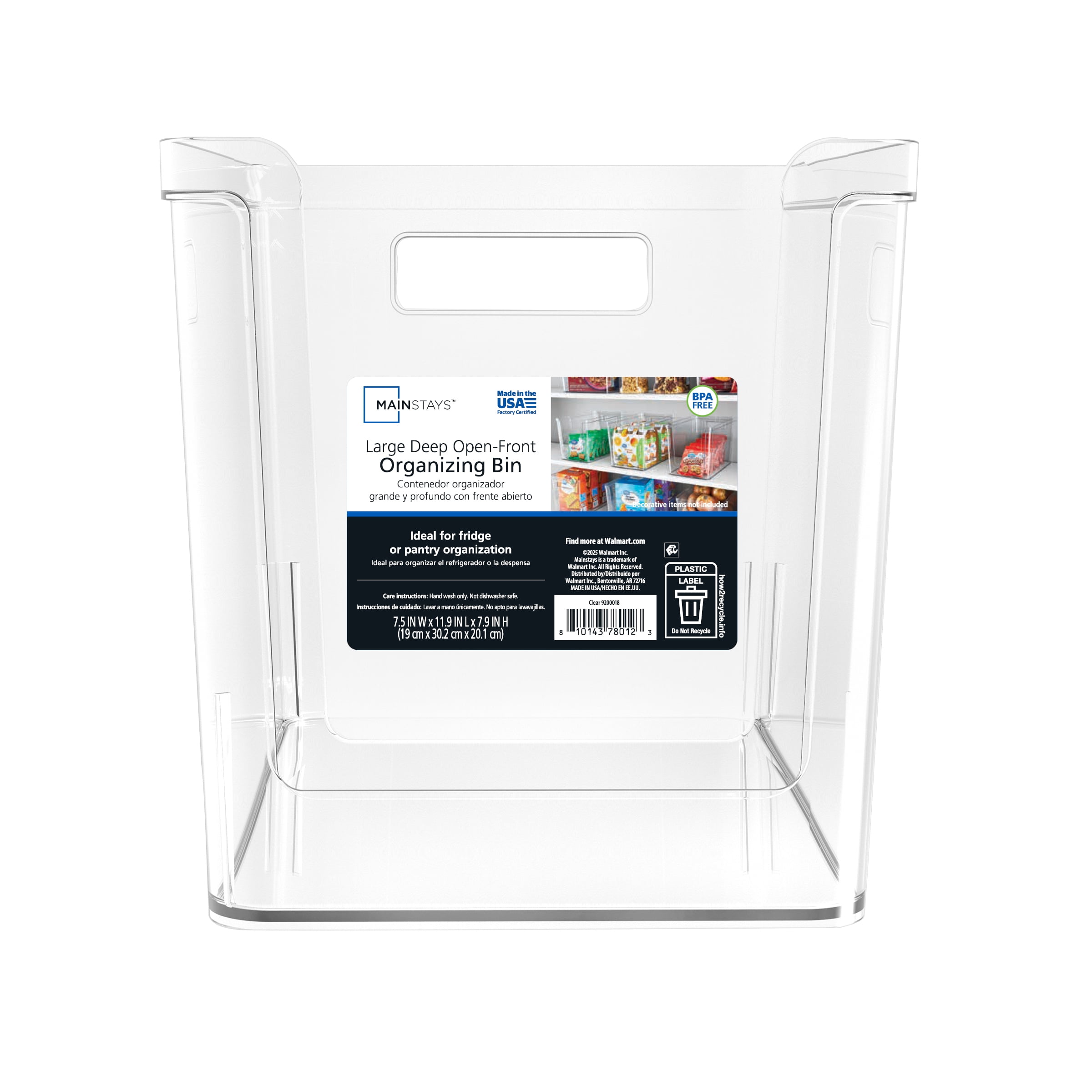 Mainstays Large Deep Clear Plastic Pantry Storage Organizer Bin with Open Front, Kitchen Cabinet, Fridge and Shelf Storage Container for Pantry Organization, 12" x 7.5" x 8"