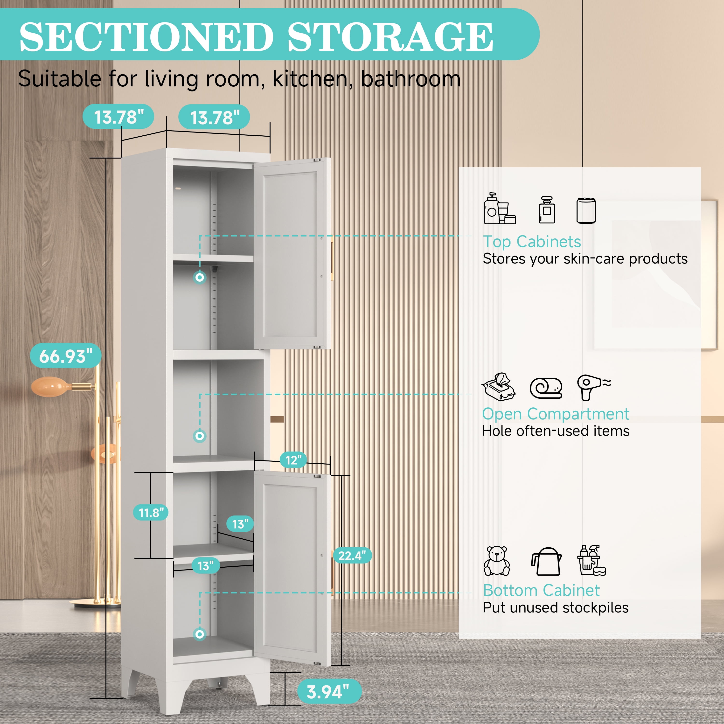 Kitchen Pantry Cabinet with Countertop,67" Tall Metal Storage Cabinet with Doors ＆ Adjustable Shelves,Freestanding Cupboard for Kitchen,Dining Room,Living Room and Bathroom-Assemble Required(White)