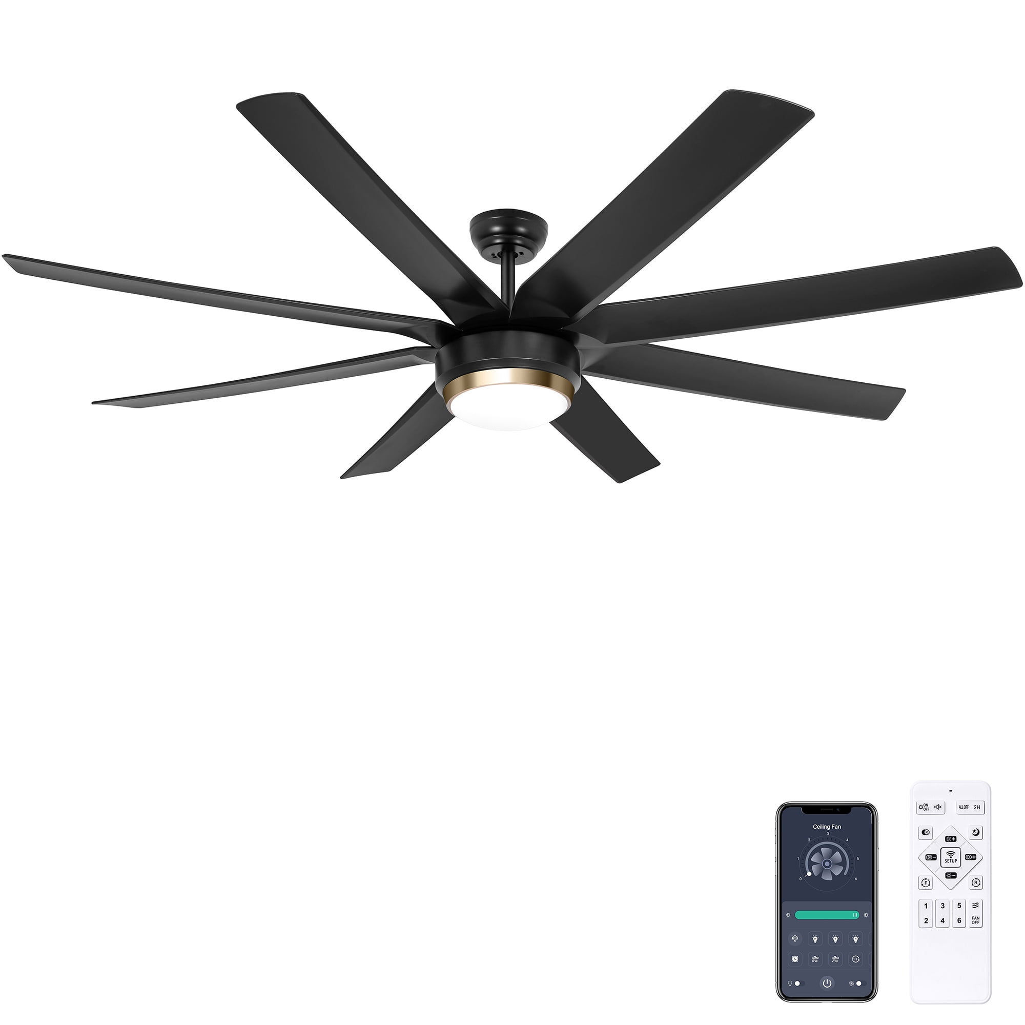 Ohniyou 70" Indoor Outdoor Ceiling Fans with Lights and Remote 8 Blades 6 Speed Dimmable Large Ceiling Fan for Patios Living Room Bedroom, Matt Black