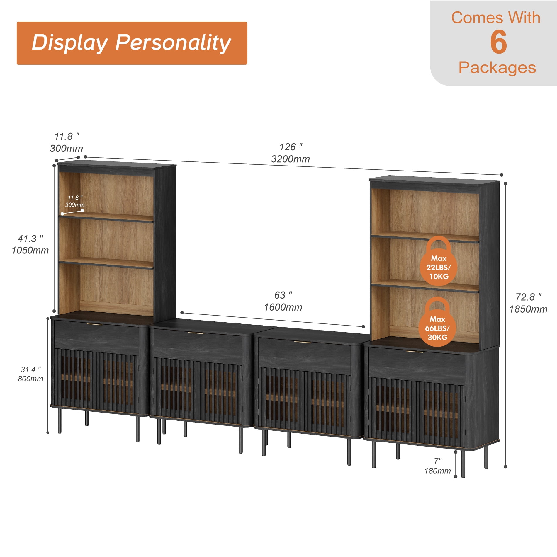 126" W Media Center with Bookcases – TV Stand for TVs Up to 75",Black