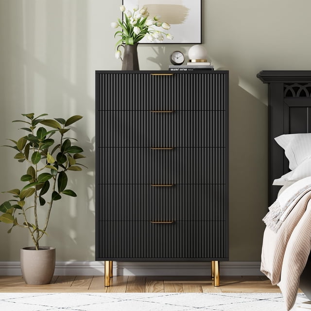 Commode à 5 Tiroirs pour Chambre, Commode en Bois avec Poignées Dorées, Organisateur de Rangement pour Vêtements pour Entrée Chambre