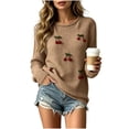 thumbnail image 2 of Womens Trendy Knit Sweaters Cherry Long Sleeve Crewneck Pullover Tops Fall Winter Casual Loose Comfy Outfits Khaki S, 2 of 6