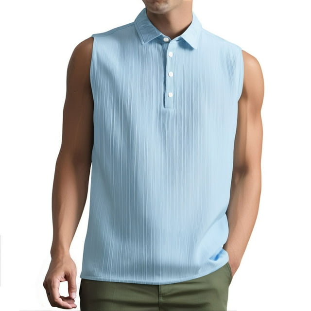Miqool Mens Sleeveless Summer Shirts Button Up Collared Textured Tank Shirt Beach Tank Tops for Vacation(Light Blue, 3XL)