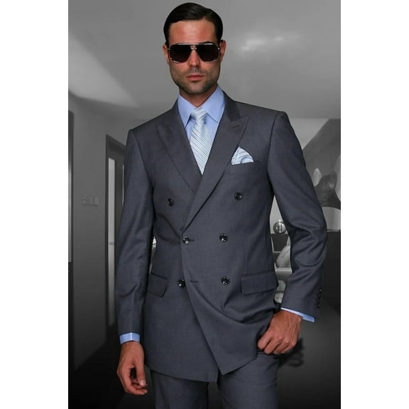 Men's Designer Double Breasted Wool Suit in Charcoal Grey