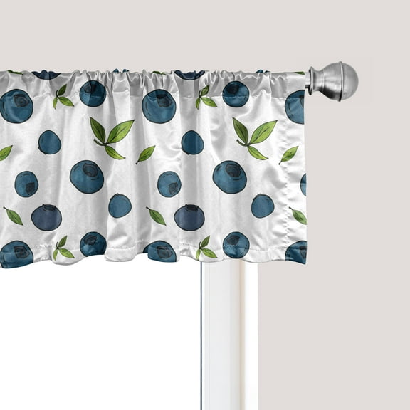 Ambesonne Fruit Window Valance, Blueberry Drawing Leaves Art, 54" X 12", Petrol Blue White Green