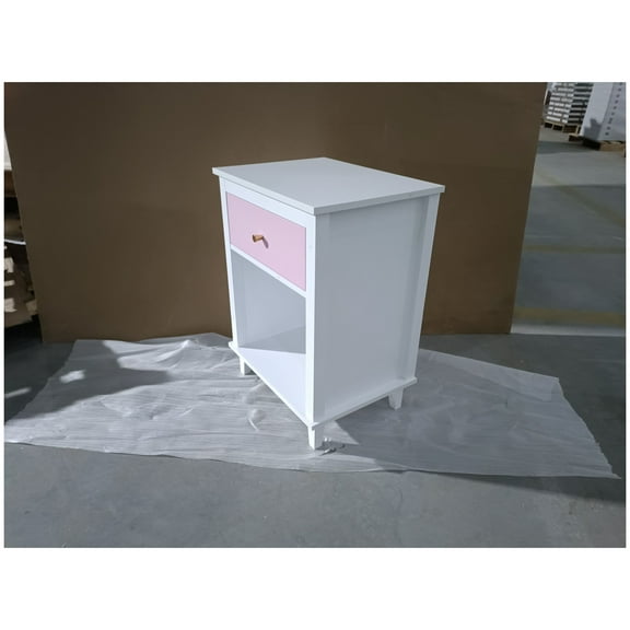 Pink Nightstand with Drawer & Shelf, 26.77''H Wooden Bedside Table for Kids & Adults - White Finish, Modern Storage Nightstand for Bedroom