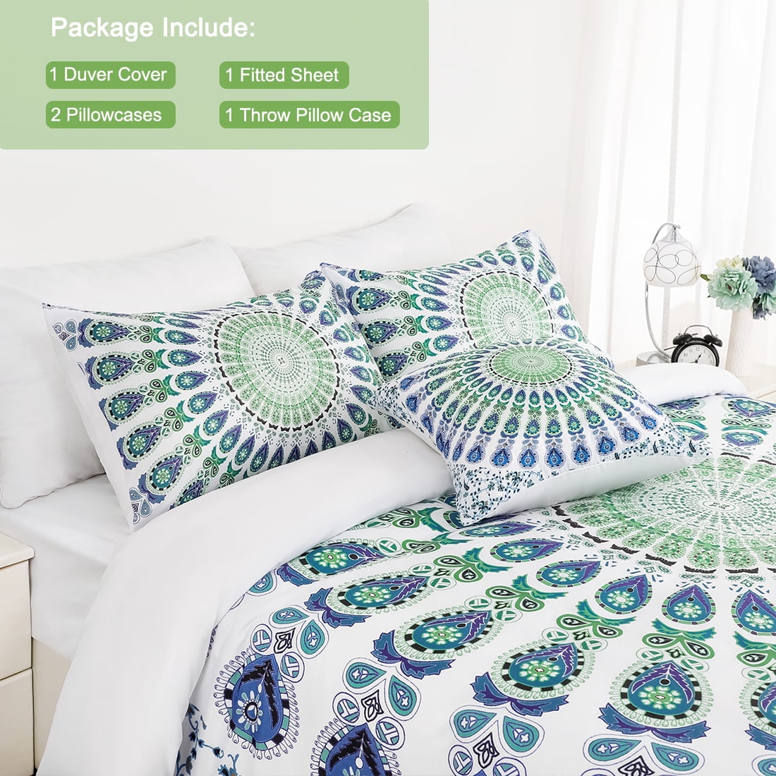 5-piece Bohemian Duvet Cover Polyester Bedding Set White and Green Queen