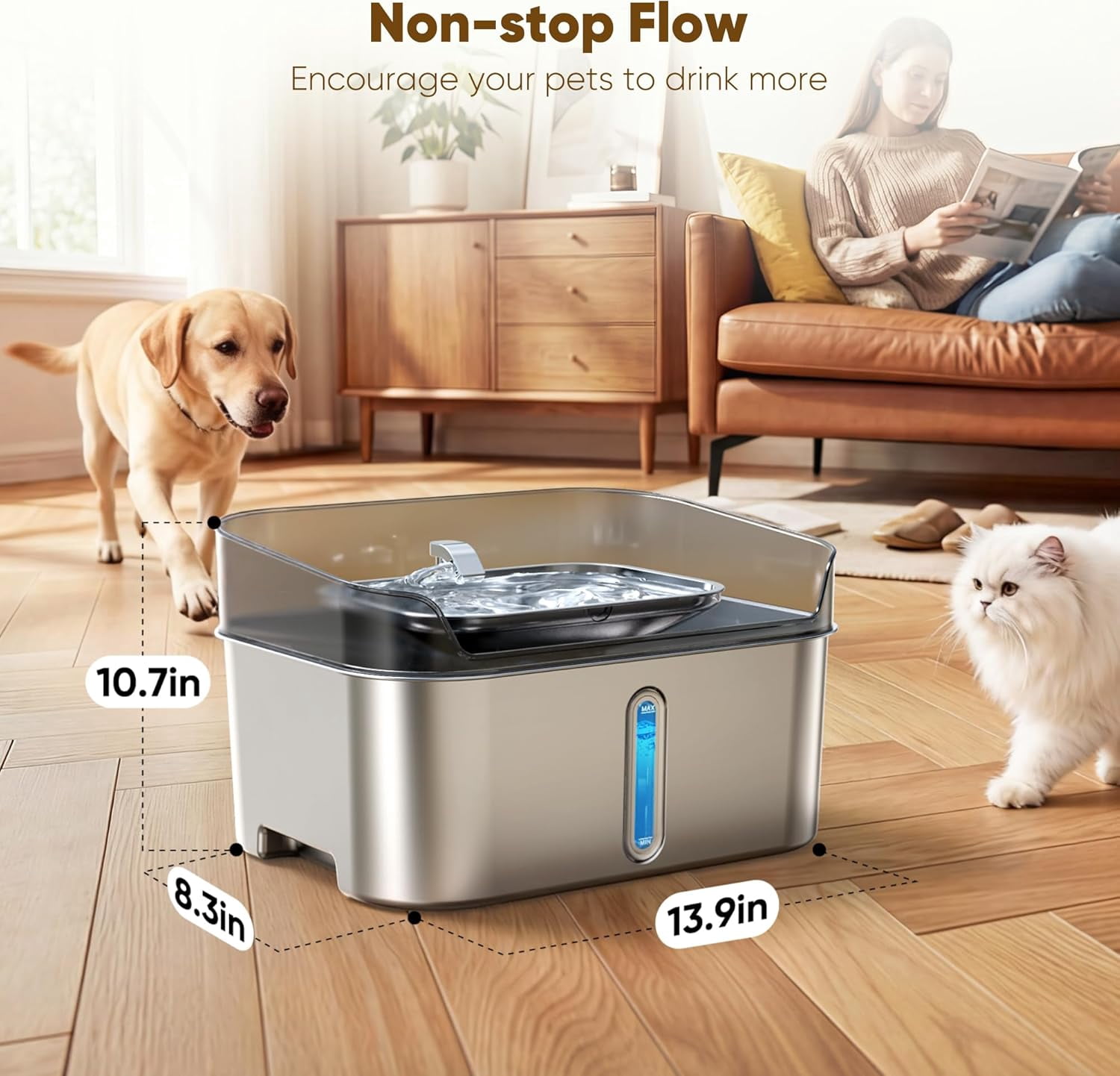 Ultra Quiet Large Dog Water Fountain Stainless Steel 8L Automatic Pet Water Bowl Dispenser Indoor