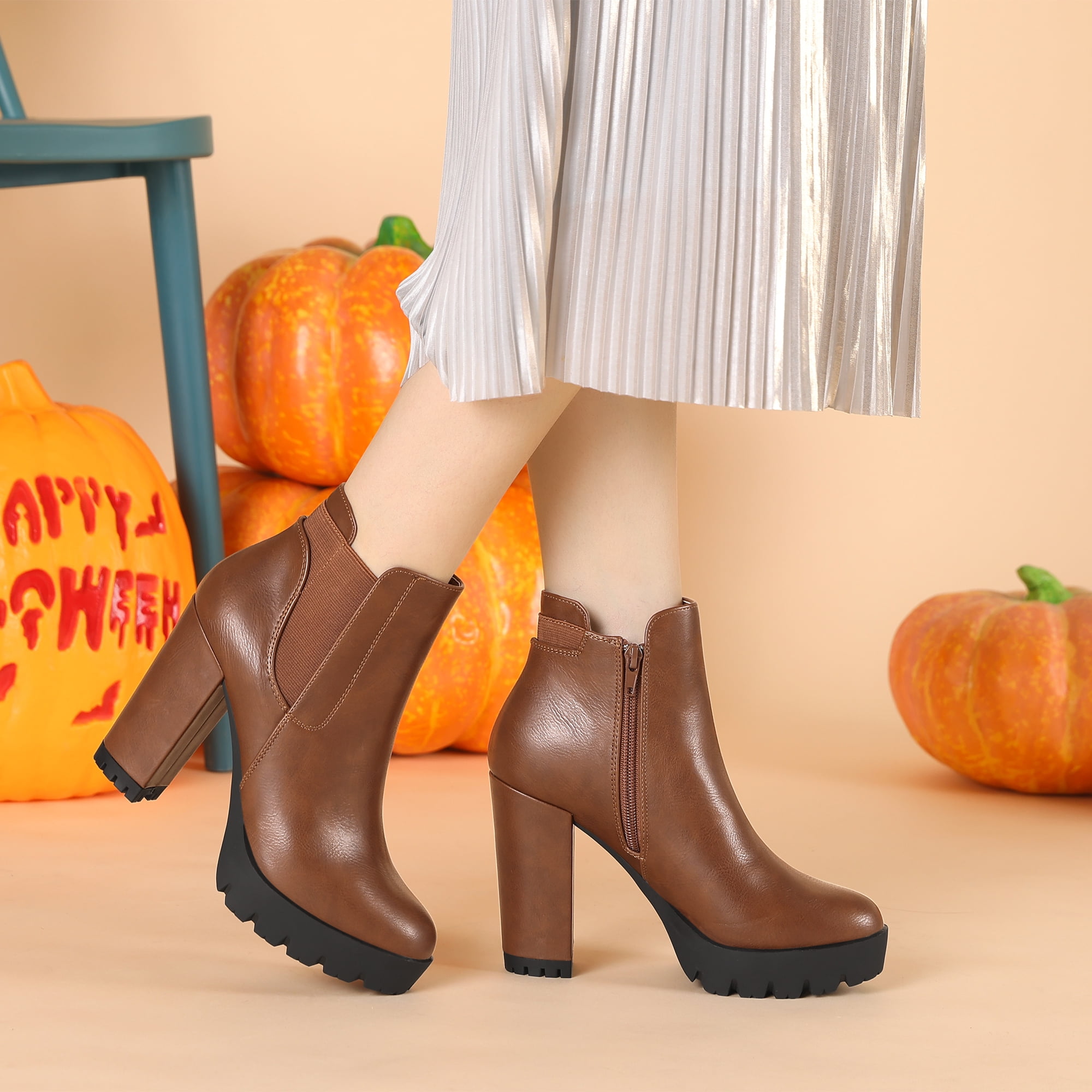 DARING DIVA Chunky High Heel Platform Zipper Chelsea Boots Brown 9